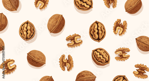 Seamless pattern of whole and cracked walnuts scattered on a light background.