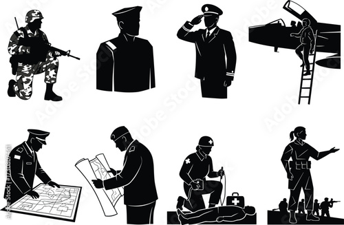Military personnel silhouettes, soldier, officer, pilot, medic, mission planning, teamwork, aviation, briefing, combat, strategy, defense, uniform, vector illustration