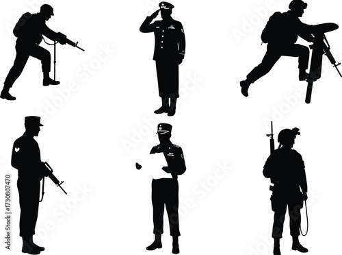 Military silhouettes in action, soldier with rifle, officer salute, tactical movement, armed forces vector, defense illustration, professional combat concept