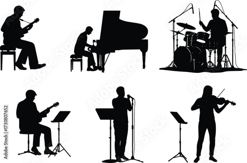 Musician silhouette illustration, guitar, piano, drums, violin, singer with microphone, music stand, performance scene, black figures, band ensemble, vector art
