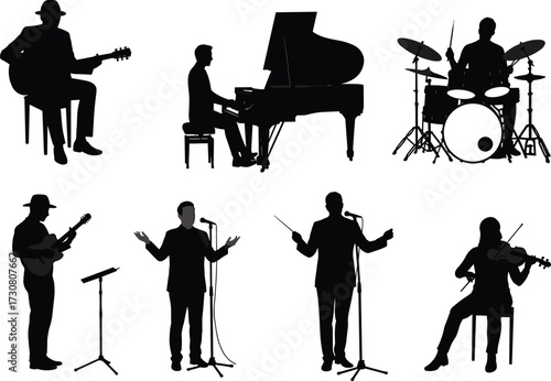 Musician silhouettes performing live, acoustic guitar, grand piano, drum set, violin, microphone, singer, music band vector, artistic concert illustration