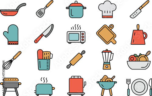 Colorful flat icon set featuring kitchen appliances cooking tools and food elements