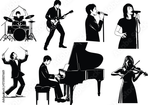 Musician silhouette vector set, drummer, guitarist, singer, pianist, conductor, violinist, black icons, music performance roles, concert, stage, instruments