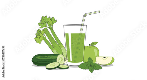 Fresh green juice with healthy ingredients such as celery cucumber and mint for a nutritious beverage.