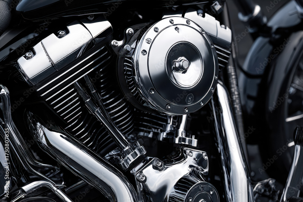 Obraz premium Close-up of a sleek, chrome-plated motorcycle engine highlighting intricate mechanical details