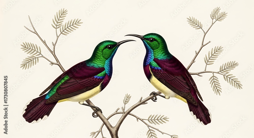 Fototapeta premium Two iridescent sunbirds perch on a delicate branch, isolated on white background