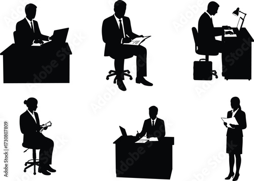 Office professional silhouette, business desk scene, laptop and document tasks, formal workplace posture, black figure vector, productivity and workflow concept