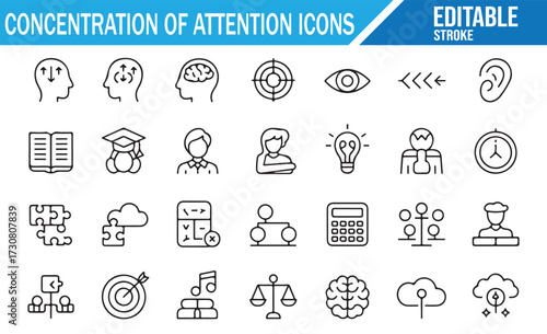 Editable Stroke Concentration Icons — Brain, Book, Target, Lightbulb, and Planning