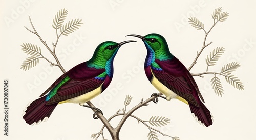 Two iridescent sunbirds perch on a delicate branch, isolated on white background