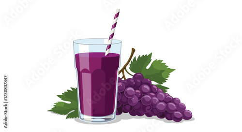 A refreshing glass of purple grape juice with a straw and a bunch of fresh grapes nearby.