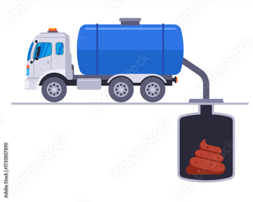 A tanker truck pumps feces out of a cesspool. Flat illustration