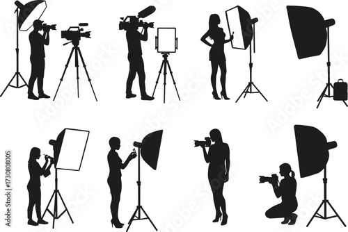 Photography and videography silhouettes, camera operators, lighting setup, tripod, microphone, media production vector, behind-the-scenes illustration, creative studio concept
