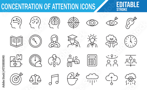 Concentration & Attention Icons — 25 editable stroke line symbols for focus, mindfulness, study, brain, target, eye, ear, time management, learning, productivity, and cognition on white background