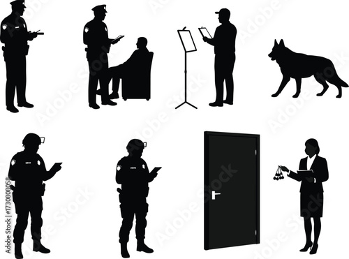Police officer silhouette, justice symbol, German Shepherd dog, legal scene, tactical gear, music stand, black figure vector, law enforcement concept