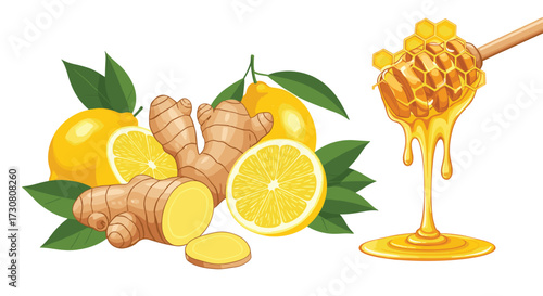 Fresh lemons ginger root and dripping honey on a wooden dipper.
