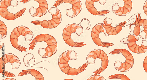 Seamless pattern of stylized cooked shrimp on a light orange background.
