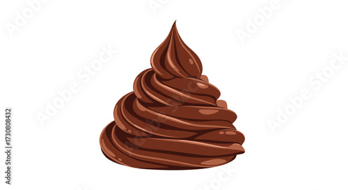 A delightful swirl of rich chocolate frosting artfully piped on a white background.