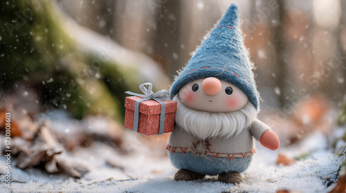 Whimsical Christmas gnome holding a gift, representing the holiday spirit, in a snowy winter forest with copy space