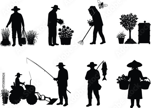 Silhouette farmer, gardener, beekeeper, fisherman, tractor driver, harvesting crops, rural lifestyle, agriculture tools, black and white vector, village work scene