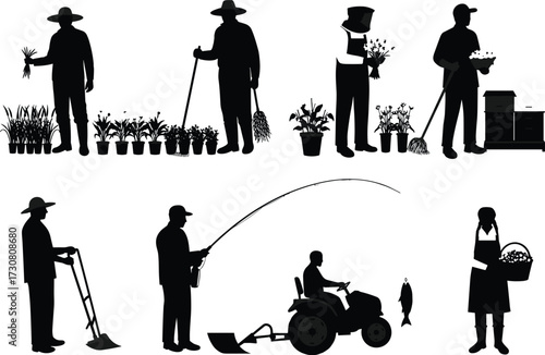 Silhouette farmer, gardener, beekeeper, fisherman, tractor driver, harvesting crops, watering plants, planting seeds, agriculture tools, rural work, black and white vector