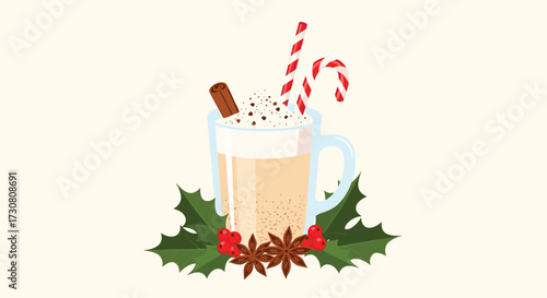A festive warm winter beverage with whipped cream and candy canes.