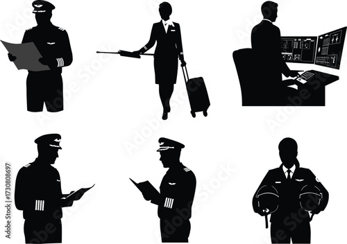 Silhouette pilot, flight attendant, air traffic controller, aviation staff, cockpit training, airport crew, black and white vector, aviation profession, flight operations