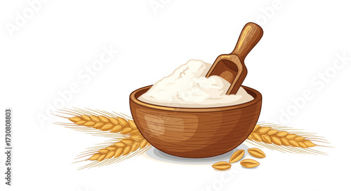 A close up view of a wooden bowl filled with white flour and a wooden scoop resting inside with wheat stalks on the side.