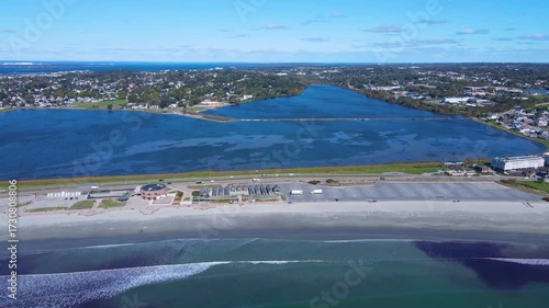 Easton Beach aerial view in fall between city of Newport and Middletown, Rhode Island RI, USA. 