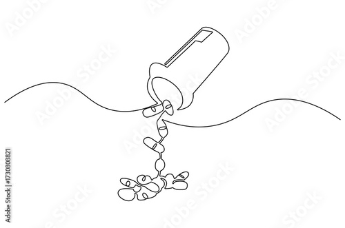 Continuous one line drawing of Pills Bottle Falling. Single line drawing illustration of Pills Falling out of bottle. Medical Capsules Container concept vector art. Doodle line illustration.