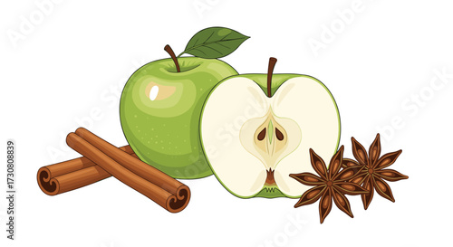 A refreshing green apple sliced in half with cinnamon sticks and star anise seasoning