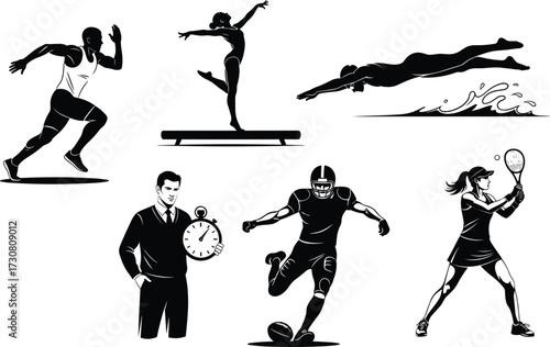 Sports activity silhouettes, sprinter, gymnast, swimmer, football player, tennis athlete, coach with stopwatch, physical training, vector illustration, black and white