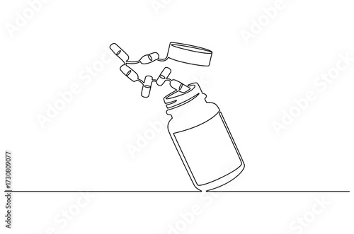 Continuous one line drawing of Pills Bottle Falling. Single line drawing illustration of Pills Falling out of bottle. Medical Capsules Container concept vector art. Doodle line illustration.