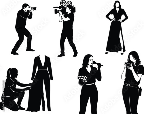Vector illustration of creative professionals in photography, fashion, filmmaking, modeling, makeup artistry, showcasing diverse roles in media, entertainment, and design industries