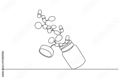 Continuous one line drawing of Pills Bottle Falling. Single line drawing illustration of Pills Falling out of bottle. Medical Capsules Container concept vector art. Doodle line illustration.
