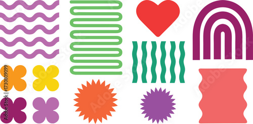vibrant abstract geometric shapes vector collection with playful modern elements, wavy lines, hearts and retro decorative icons