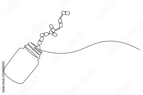 Continuous one line drawing of Pills Bottle Falling. Single line drawing illustration of Pills Falling out of bottle. Medical Capsules Container concept vector art. Doodle line illustration.