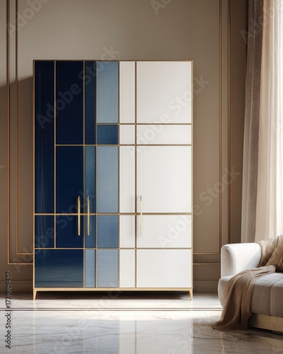 A sophisticated modern wardrobe with a striking blue and white color scheme, showcasing a geometric design and minimalist golden accents.