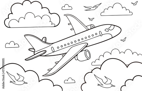 Airplane in the Sky Coloring Page with Clouds and Birds