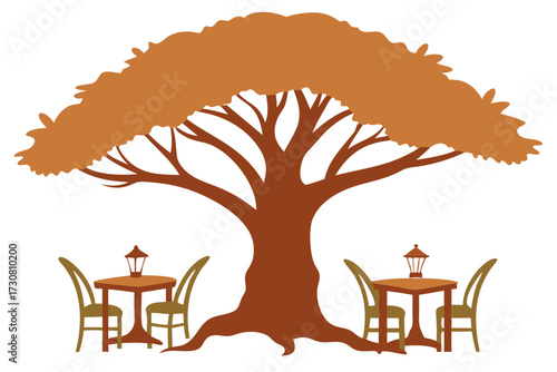 Cozy outdoor seating area under a large tree with tables and chairs