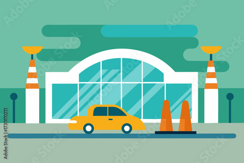Modern building with arched windows and a yellow car parked outside
