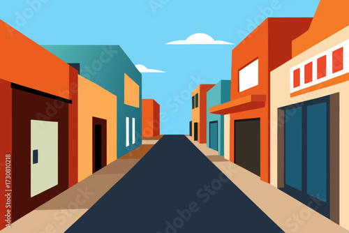 Vibrant street scene with colorful buildings and a clear blue sky