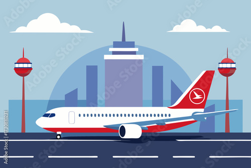 Modern airplane on runway with city skyline and control towers