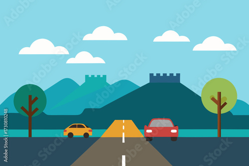 Cartoon road with cars and castles on hills under a cloudy sky