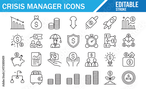 Finance Stability Icons — Outline Collection of Reserves, Balance, Shield and Growth