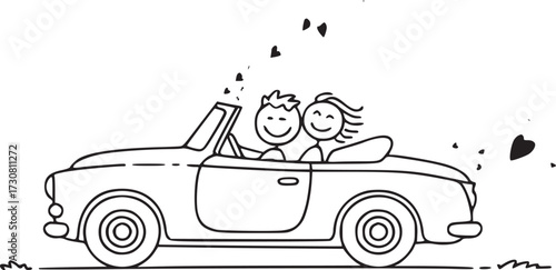 Joyride of Love: A heartwarming illustration captures a smiling couple in a classic convertible, symbolizing love, freedom, and the open road. 