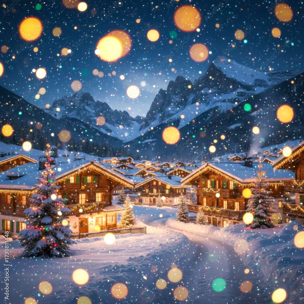 Fototapeta premium Christmas Background With Magical Winter Village With Cozy Chalets, Lights, Snowfall, And Mountains Under Starry Sky. Concept Of Winter Holiday Season, Festive Travel Destinations And Celebration Mood