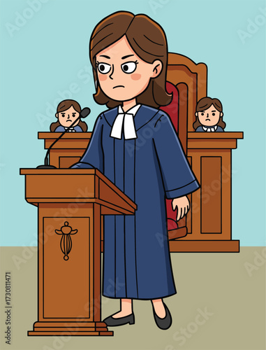 Cartoon female judge, courtroom scene, judicial robe, podium, serious expression, legal authority, law concept, justice system, trial moment, professional role