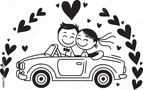 Newlyweds' Joyride: A charming illustration depicts a happy couple in a convertible, their faces beaming with love amidst a cascade of heart-shaped decorations, celebrating their union.