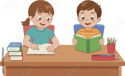 Two children studying at desk, reading book and writing in notebook, school supplies on table, isolated on white background, education vector illustration
