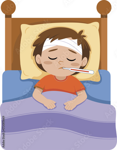 Sad sick child boy lying in bed with thermometer, fever and illness cartoon illustration, healthcare medical treatment concept, hospital patient vector design